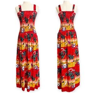 India Boutique Red Tropical Floral Hawaiian Smocked Maxi Dress